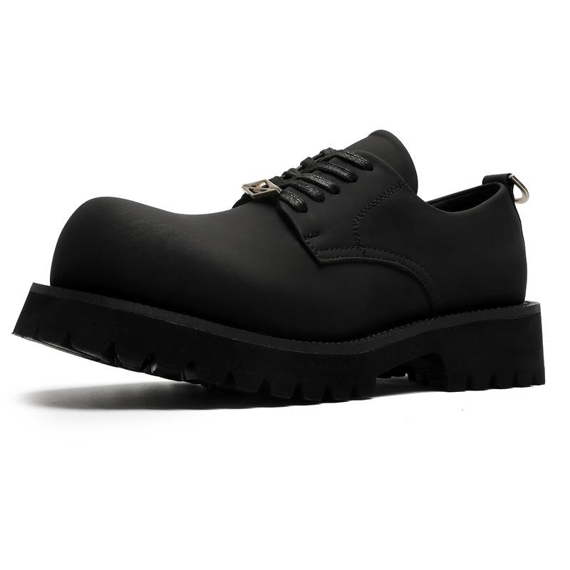 Pure black retro big head leather shoes men's 2024 spring thick sole heightening derby shoes trendy 1029-J