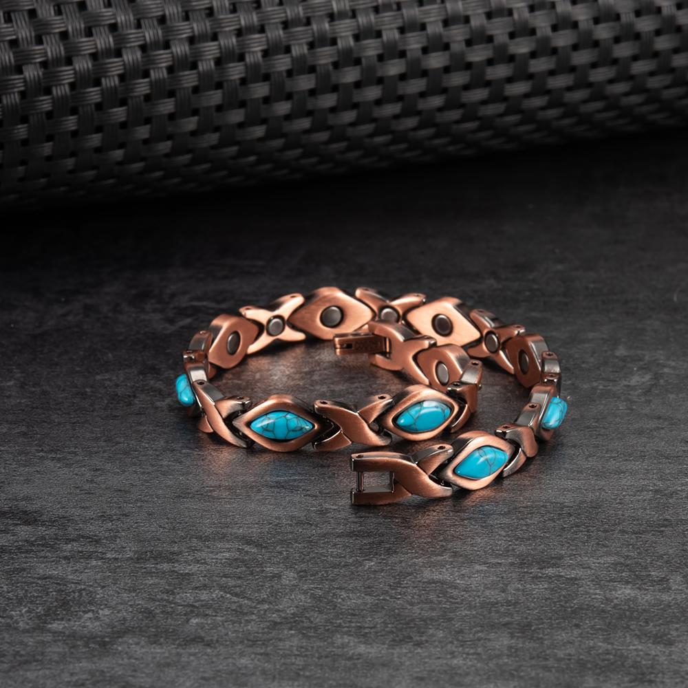 Ikuinen Pure Copper Bracelet for Women Vintage Artificial Turquoise Copper Bracelets Benefits Chain Link Jewelry Waterproof