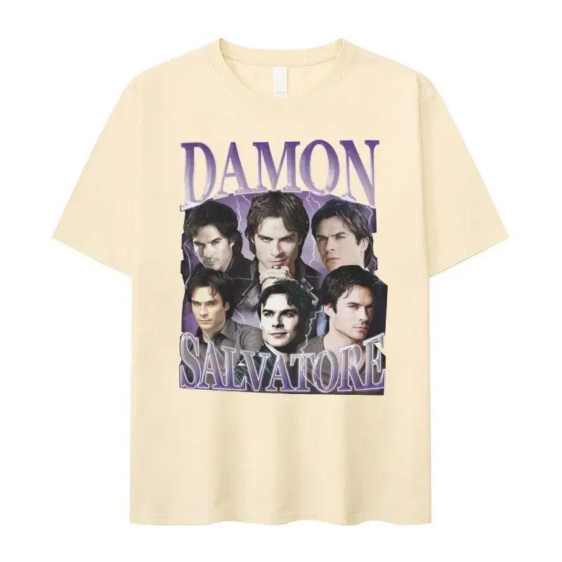 Vintage Y2k T Shirts Damon Salvatore IanSomerhalder TV Drama Pattern Tshirt Fashion Oversized T Shirt Print Street Wear Unisex