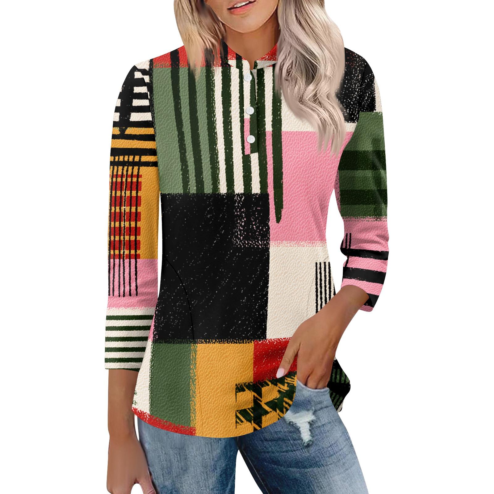 

Women s Casual Loose Fit Polo Collar Shirt Three Quarter Sleeve Button Down Plaid Pattern Top for Everyday Wear L