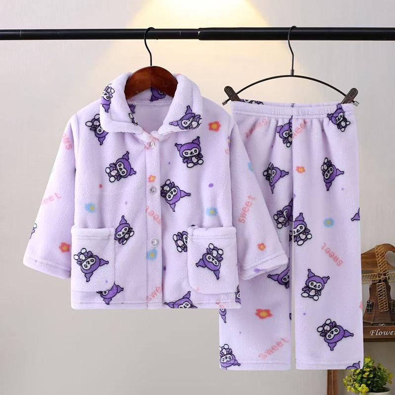 Kids' Flannel Pajama Set - Thick Coral Fleece Cardigan for Boys & Girls, Perfect for Autumn & Winter.