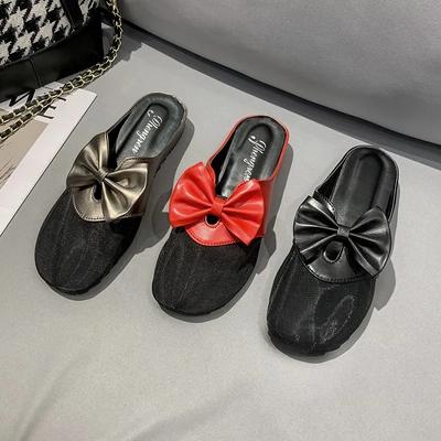 Fashion Women's Shoes 2024 Decorated Slippers with Bows Casual Pants Luxury Summer New Flat Basic Slide PU Rubber Simple Style