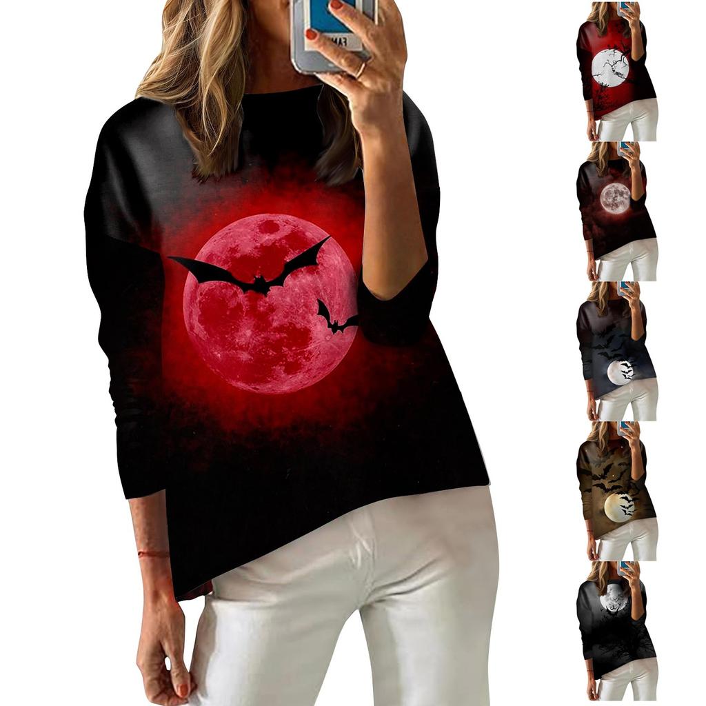 Damen T-Shirt Bedruckt Langarm Alltagsmode Wochenende Überschnittene Schulter Rundhals Top Bluse