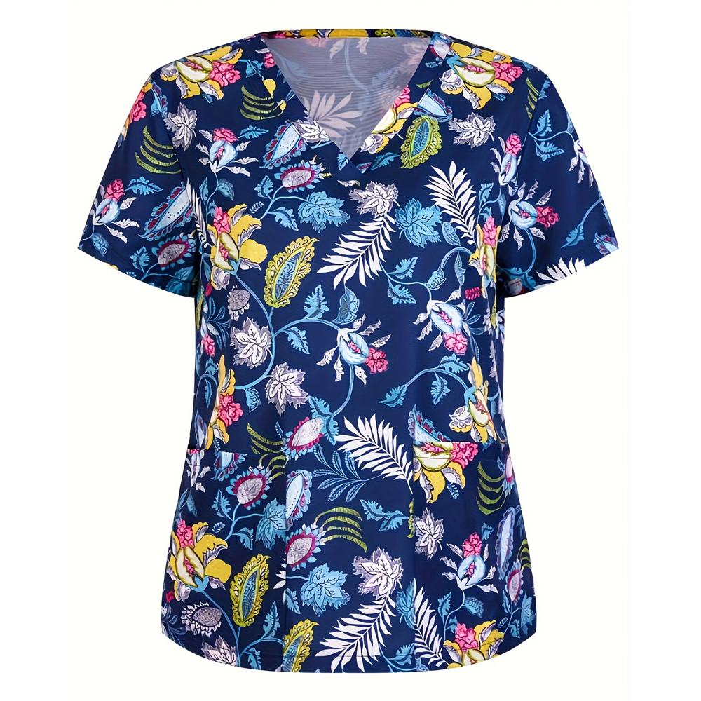 Blouses médicales pour femmes Mode Imprimé floral Tops d'infirmière saine Col en V Manches courtes Poches plaquées T-shirts Uniformes cliniques Femme