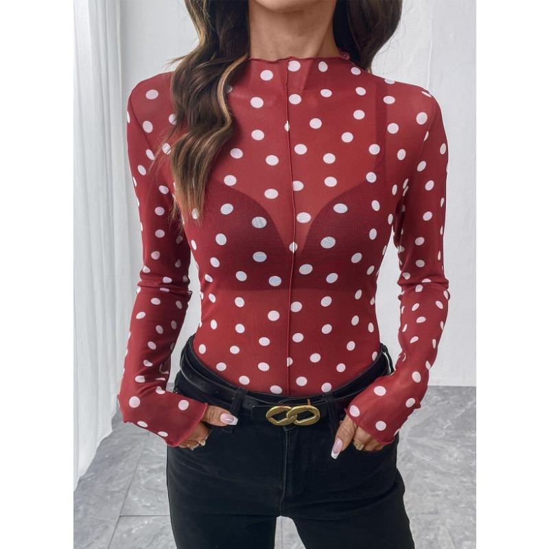 Women Sheer Polka Dot Mesh Half High Neck Long Sleeve Sexy T Shirt Top