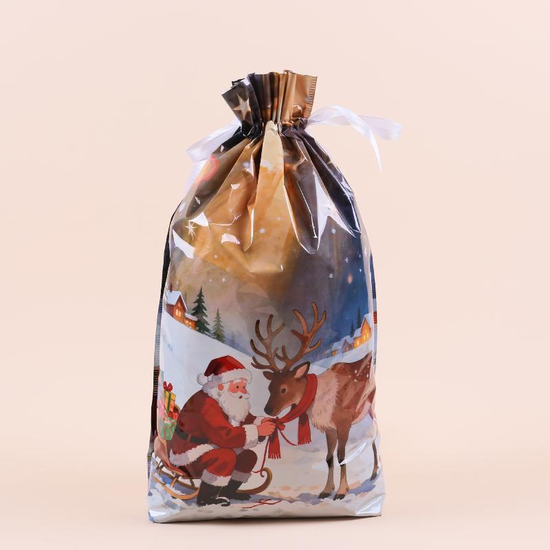 Christmas Drawstring Gift Bags with Assorted Festive Patterns Self Standing for Home Xmas Party Treat Packing