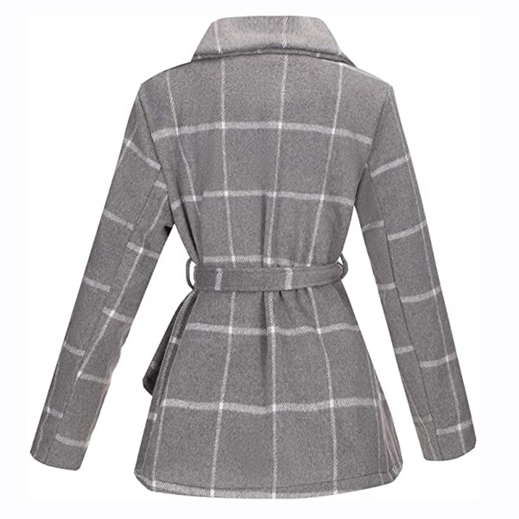 Women's Turn Down Collar Coat Belted Wool Blend Coat Asymmetric Hem Wrap Coat