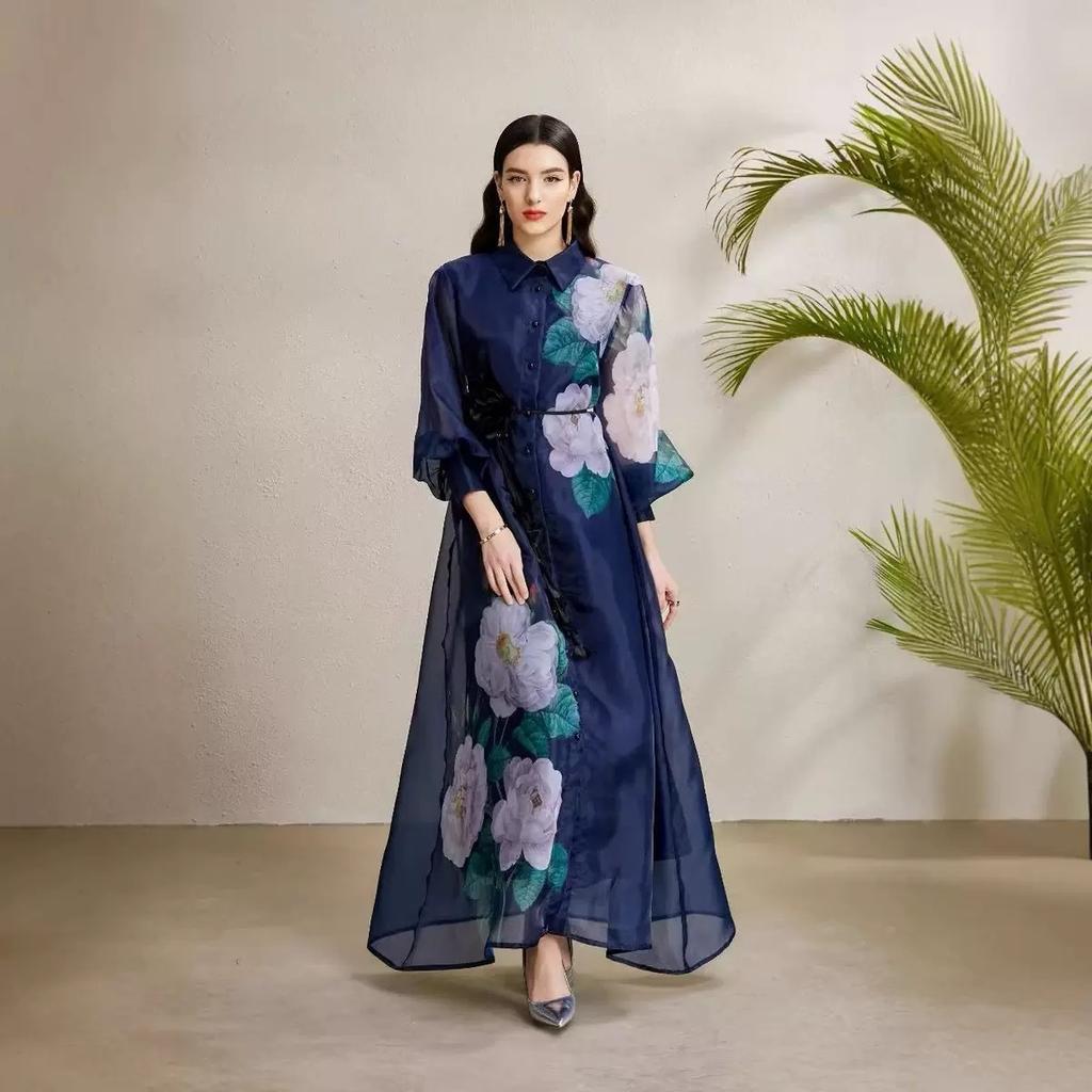 Retro court style printed bubble sleeve dress women's autumn strap waist unique beautiful super fairy long skirt