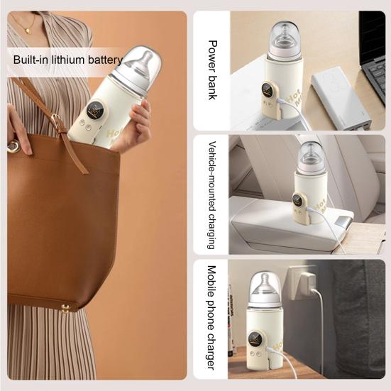 Milk Warmer Portable Baby Bottle Warmer with One-Button Control USB Rechargeable Wireless Milk Heater No Water Needed Intelligent Temperature Control