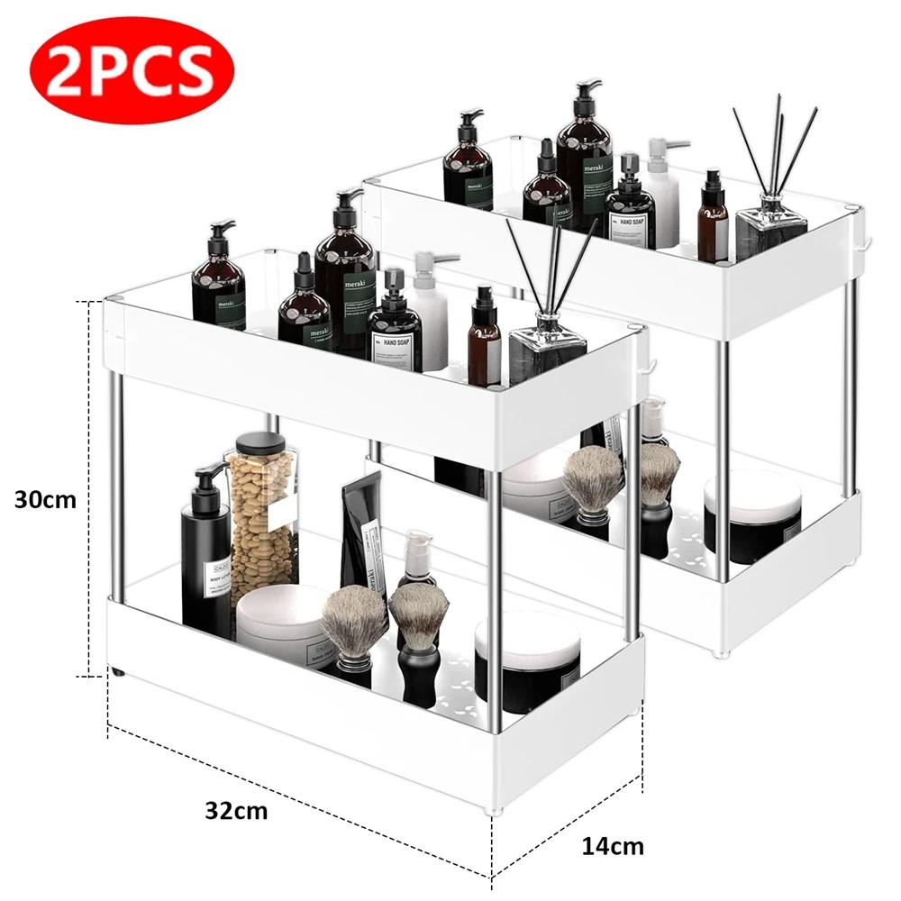 For 2 Tier Under Sink Organizer Sliding Cabinet Basket Organizer Storage Rack With Hooks Hanging Cup Bathroom Kitchen Organizer