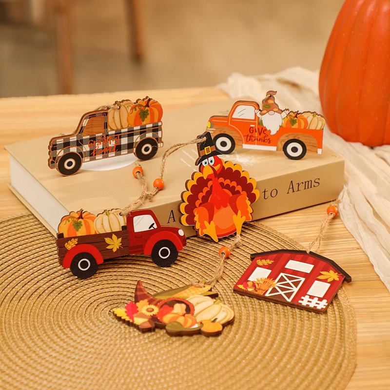 Harvest Festival Wooden Sign Turkey Pendant Thanksgiving Wooden Painted Car Pendant Pumpkin Wooden Sign Decoration