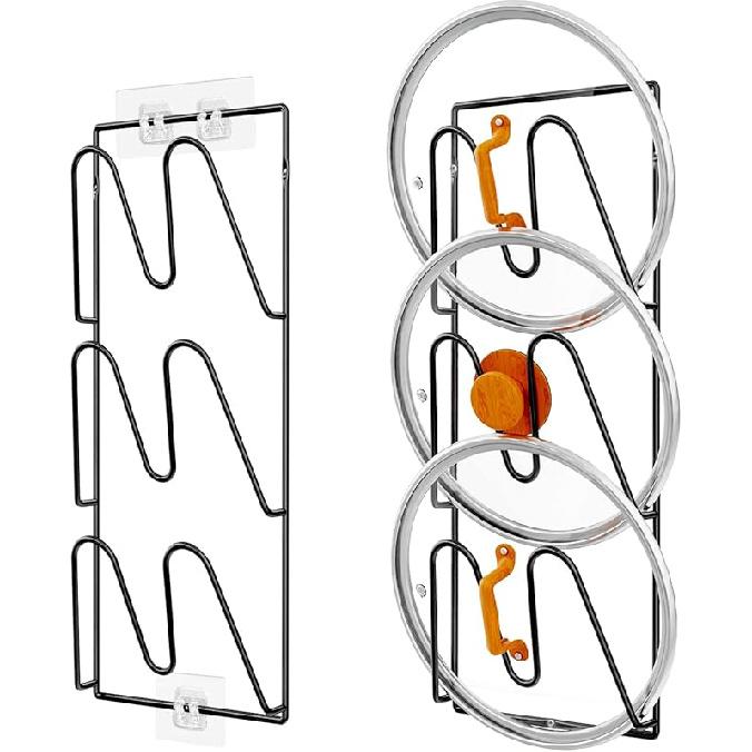 2 Pack Pot Lid Organizer Rack, 6-Tier Pot Lids Holder for Cabinet Door/Wall, No Drilling Adhesive Wall/Door Mounted Rustproof Pot and Pan Cover for