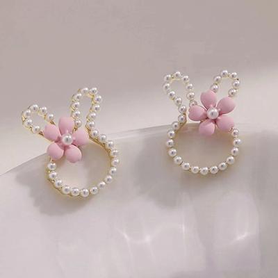 Pearl Flower Rabbit Ears Cartoon Cute Earrings, Sweet Ins Wind Bunny Stud Earrings Female