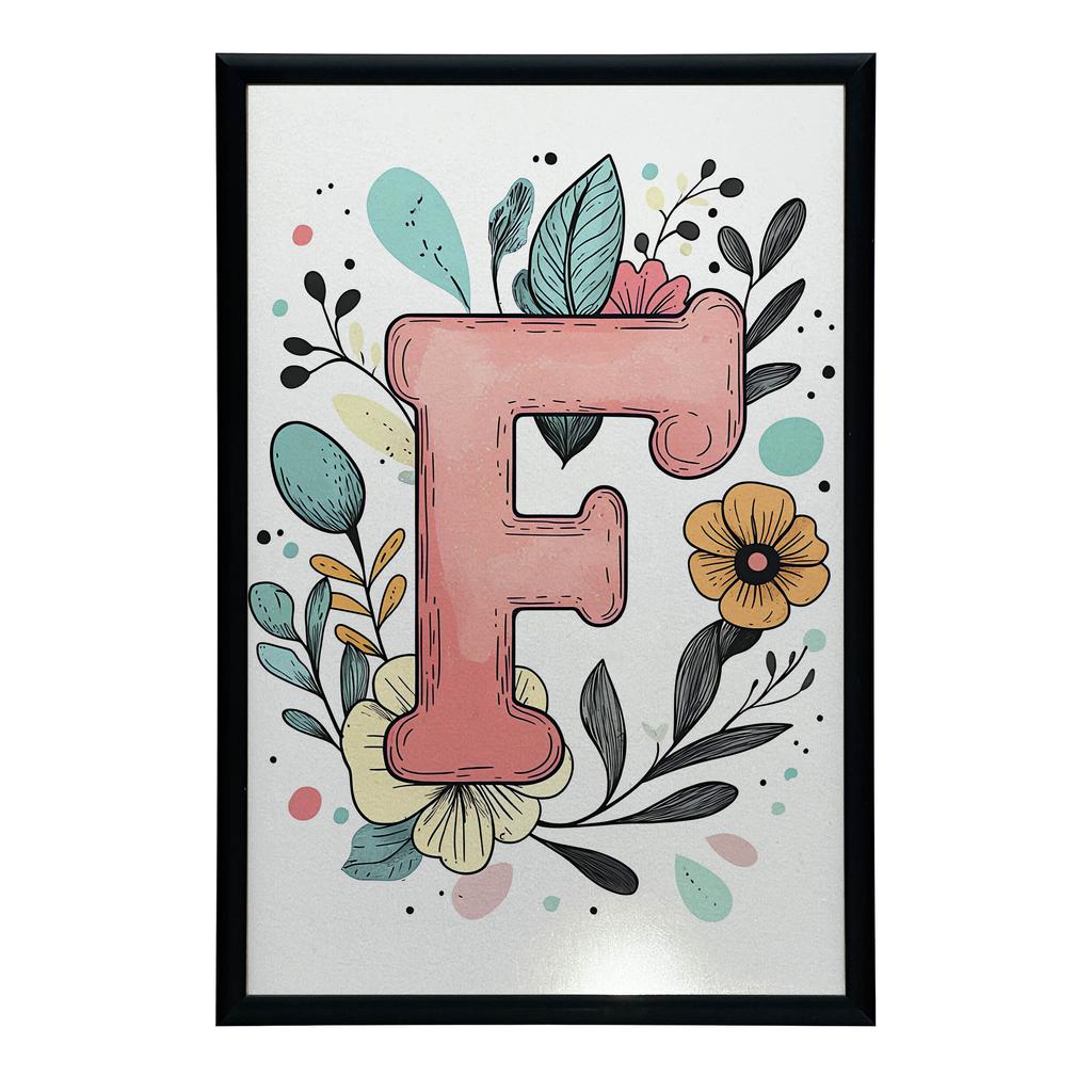 Plakat Z Literą "F" Z Kolorowymi Kwiatami Plakat Z Literą "F" Z Kolorowymi Kwiatami, 30X40 Cm, Rama Drewniana Ciemny Brąz, Papier Matowy 230 Gsm