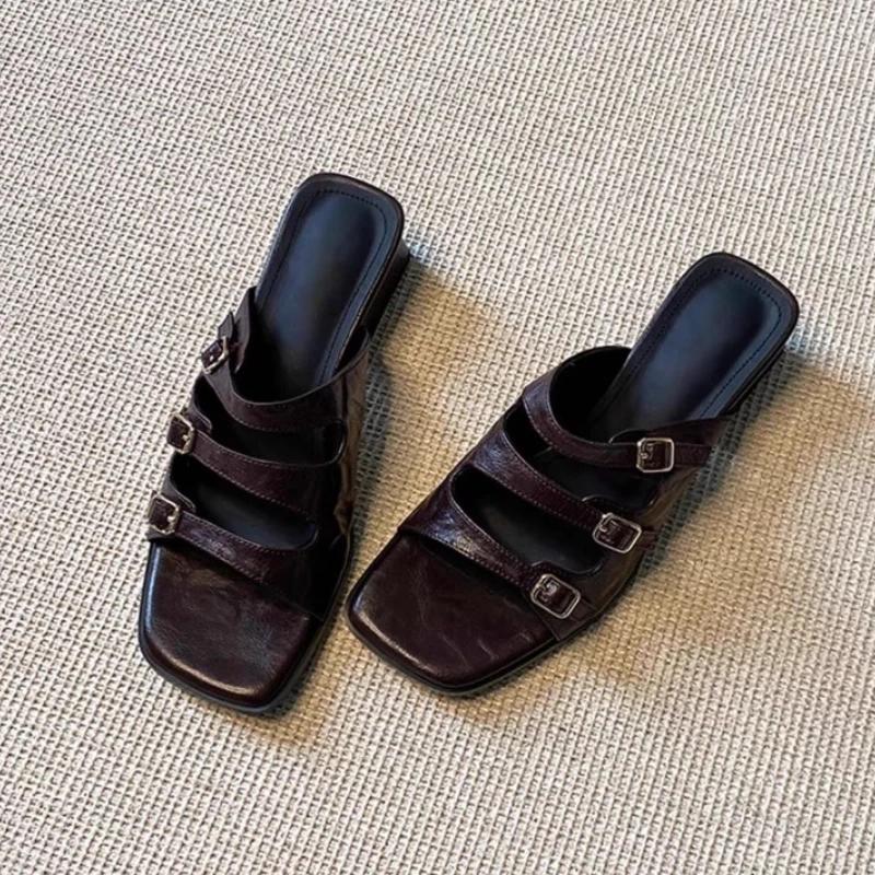 Fashion Women Slippers Fashion Square Toe Heeled Sandals Summer New Mid Heels Woman Shoes 2025 Casual Flip Flops Slides Mujer Zapatos