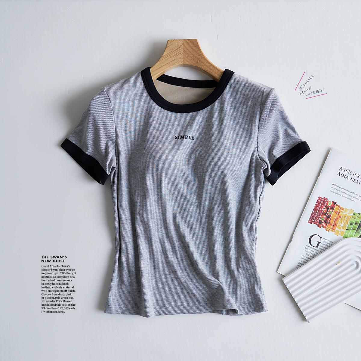 

Женская контрастная повседневная футболка с короткими рукавами и нагрудными вкладышами, без бюстгальтера, с круглым вырезом, для лета. Extra Large