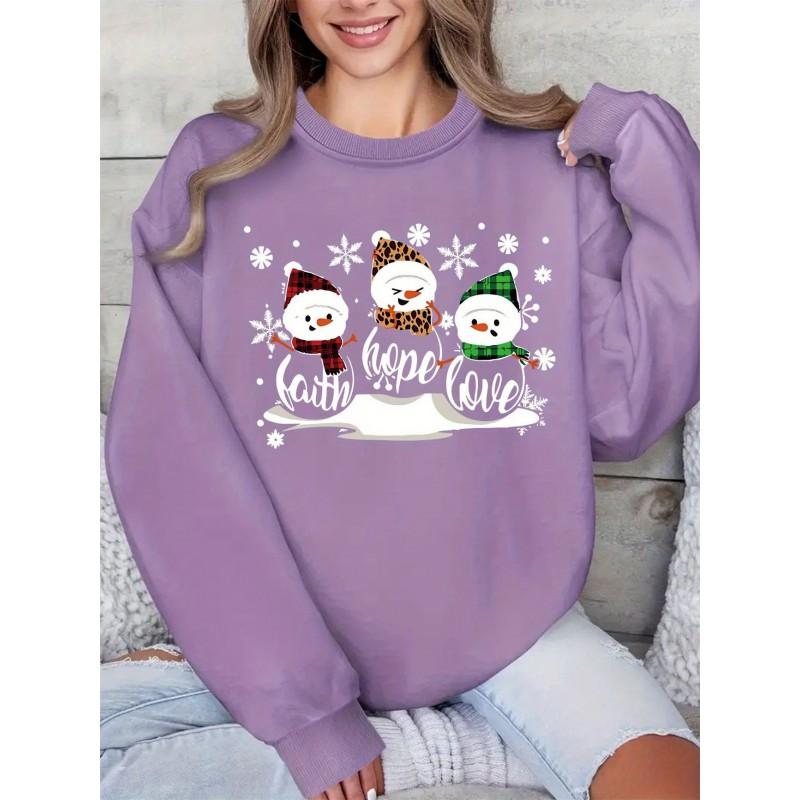 Christmas Snow Print Crew Neck Sweatshirt Women Loose Fit Casual Long Sleeve Top