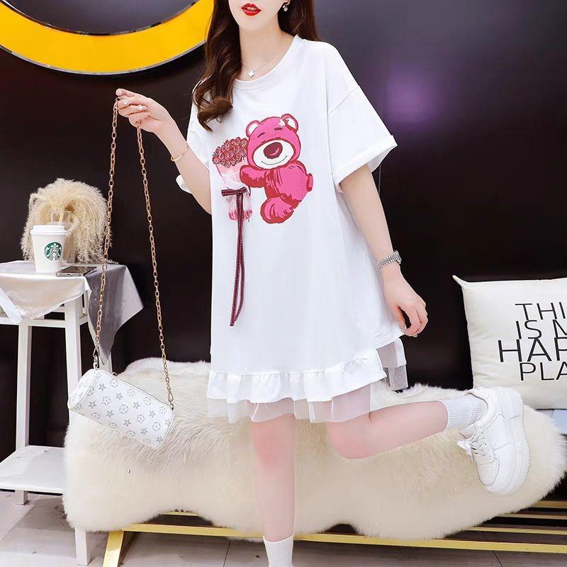 Summer O Neck Loose Casual Printing Mesh Patchwork T-shirt Dress Women Short Sleeve Pullover Tee Robe Top