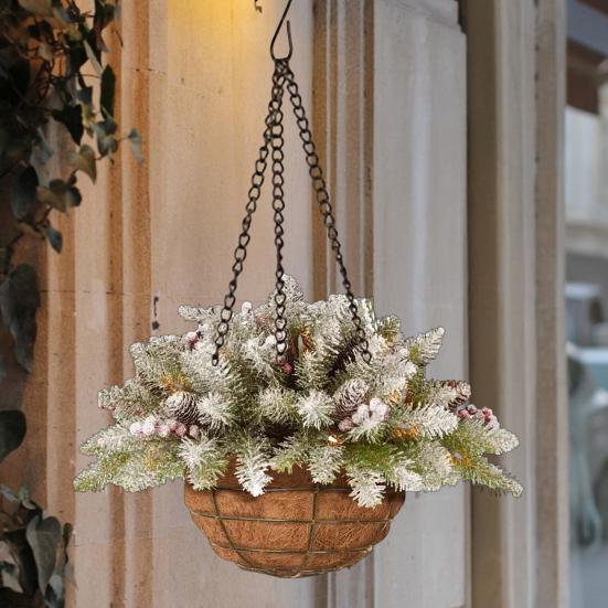 Yousheng Christmas Hanging Baskets Pre-Lit Artificial Basket with LED Lights Pine Cones Berries Winter Outdoor Planter for Outside Porch Front Door