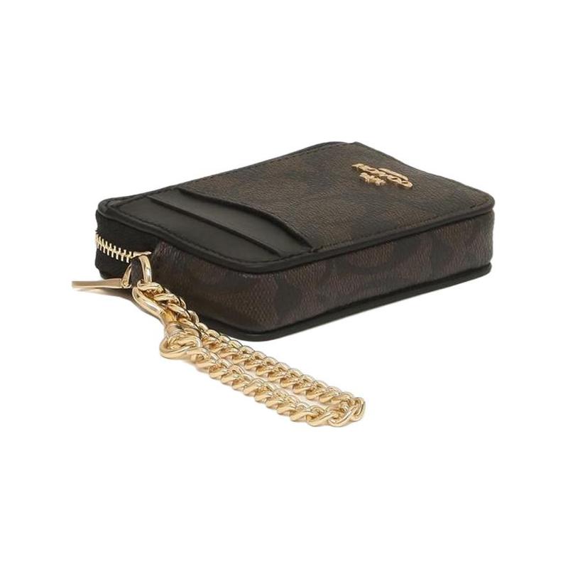 Coach Card Case Color Block Zipper Metal Logo Canvas and Leather Card Case Women's Black Brown Presbyopia