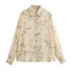 Womens Loose Fit Semi-Sheer Animal Print Shirt With Button-Down Front Long Sleeve Casual Top In Korean-Japanese Style