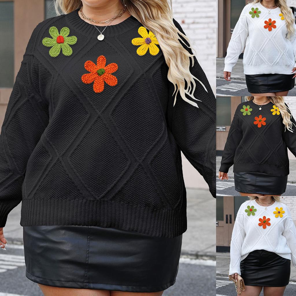 Women's Plus Size Women's Embroidered Yarn Flower Splicing Three-dimensional Decoration Woolen Pullover Sweater Long Sleeved Top