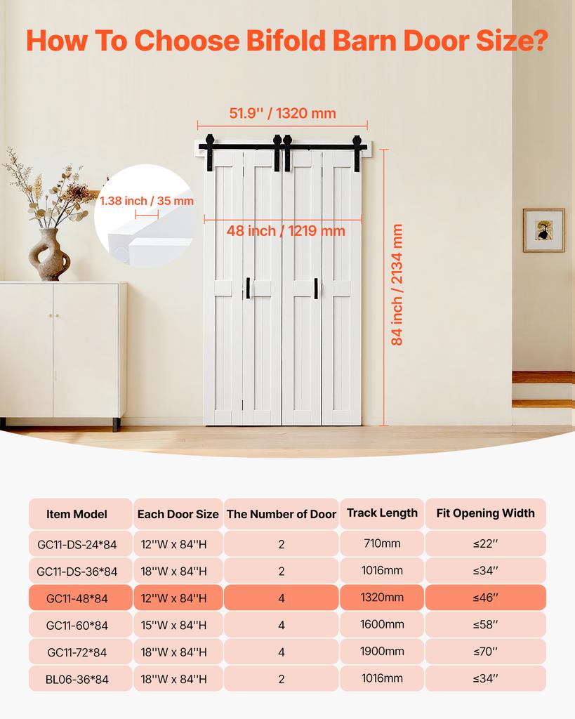 SucceBuy Bifold Barn Door 24/36/46/60/72 in x 84 in Sliding Closet Doors Header Board and Hardware Kit Included Panel Waterproof