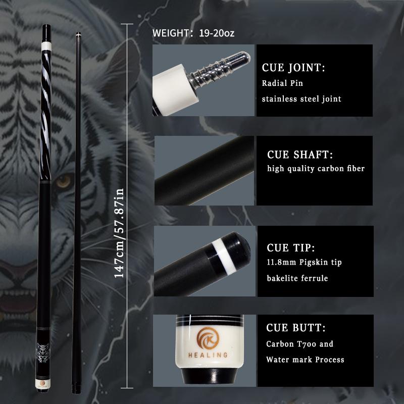 OKHEALING Karbonfaser Billard Queue Schwarze Technologie Billard Queue Sticks 11,8mm Spitze Radial Pin Verbindung 147cm/58Zoll Länge 19~20oz Gewicht, Weißer Tiger
