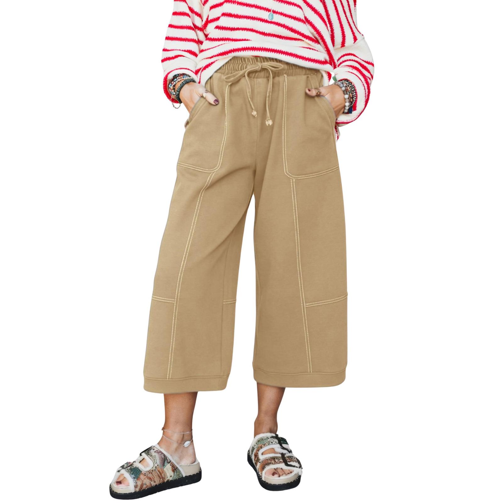 Women s Loose Comfortable Casual Fashion Color Pockets Seven-Eighths Pants XL хаки