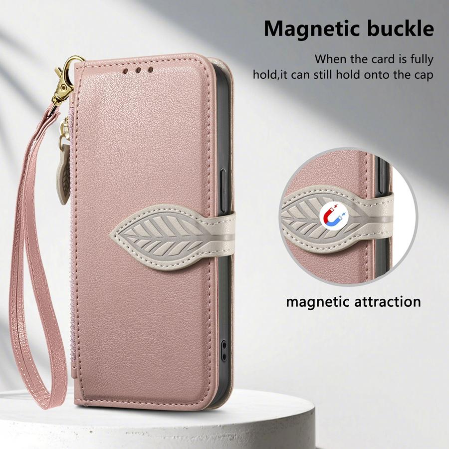 PU Leather Leaf Buckle Multi-function Wallet Case for OPPO/VIVO/Redmi/Google 3 Card Slots + Zip Coin Pocket + Stand & Detachable Long Shoulder Strap