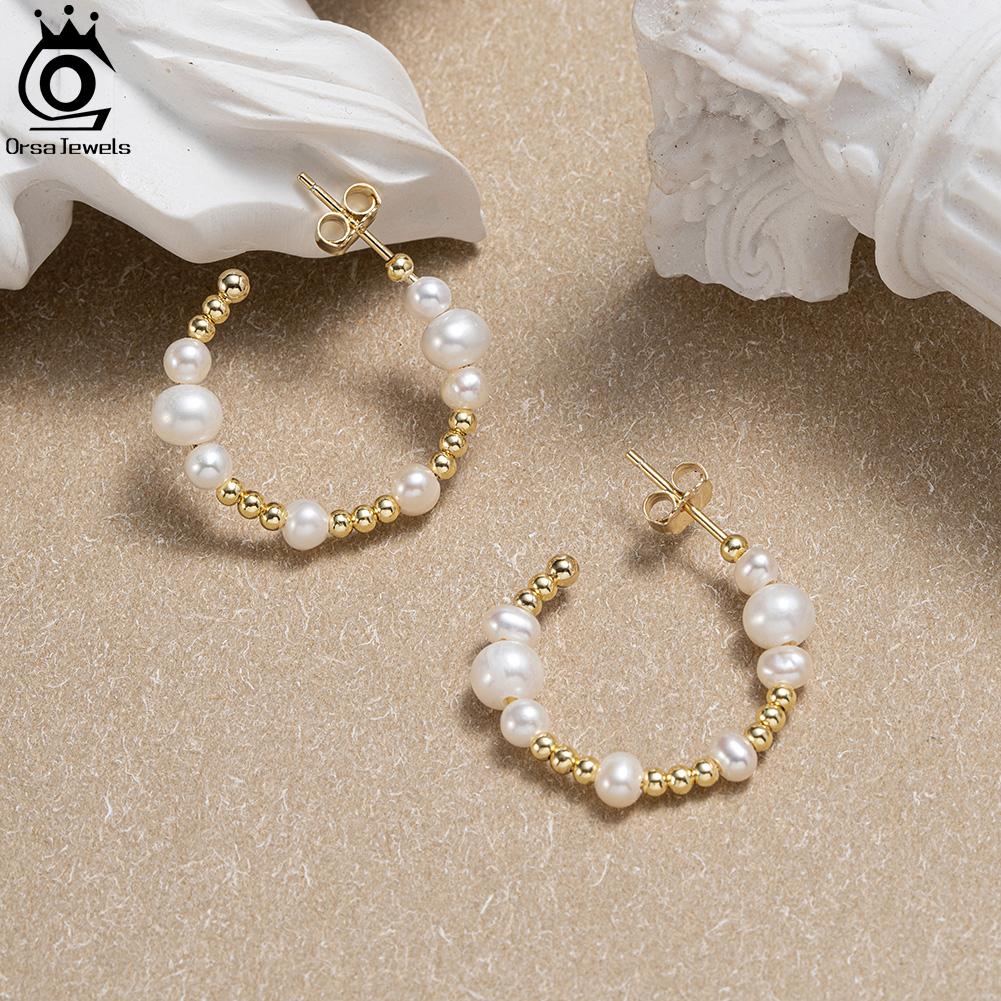 ORSA JEWELS Natural Pearl Hoop Earrings Gold Plated Large Circle Round Pearl Beads Earrings Jewelry Birthday Gift Women GPE69