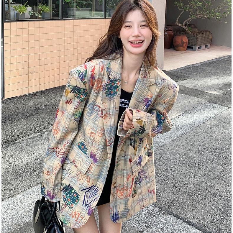 Chic Graffiti Print Small Suit Jacket for Women In Autumn, Korean Style, Casual Street Fashion, Perfect for Petite Figures