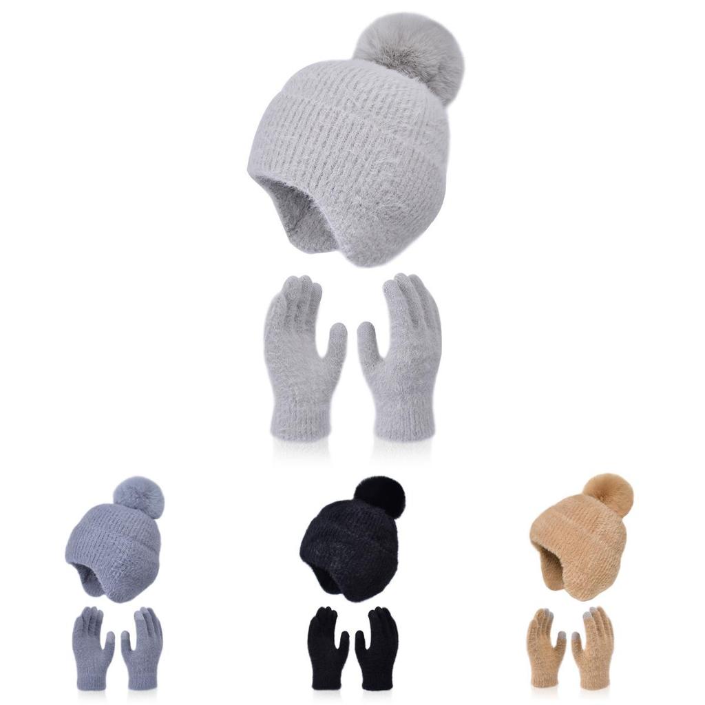 Winter Knit Hat And Gloves Set With Windproof Fleece For Ladies Outdoor Warmth Comfort