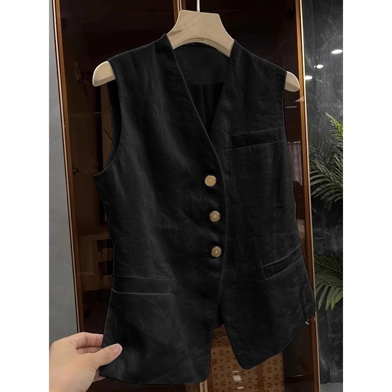 Women s Linen Blend Vest, V-Neck Sleeveless Button-Down Waistcoat, Lightweight Tailored Suit Vest for Business Casual Office S чёрный