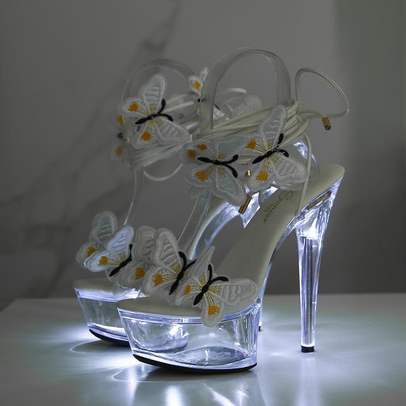 

Модная светящаяся обувь Сексуальные супер высокие каблуки 13 см/15 см Тонкие каблуки Босоножки на платформе Прозрачные хрустальные туфли туфли на высоком каблуке 34 белый