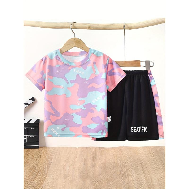 

Летний комплект одежды для мальчиков, дышащие камуфляжные футболки и шорты для девочек, детский костюм, верхняя и нижняя части, спортивные костюмы 160