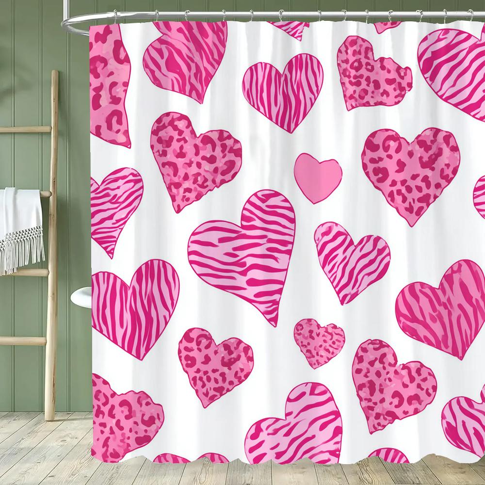 Modern Red Love Pattern Shower Curtain,Lover Printed Polyester Fabric Decorative Bathroom Curtain, Home Curtain with Hooks