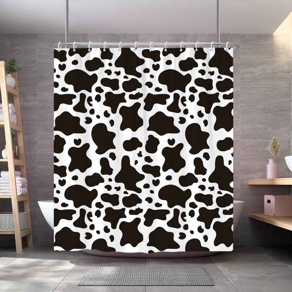 1Pc Cowhide Pattern Bath Curtain, Black Cow Spots On White Background, Random Amoeba-Like Shapes, Minimalist Design, Modern Cowh