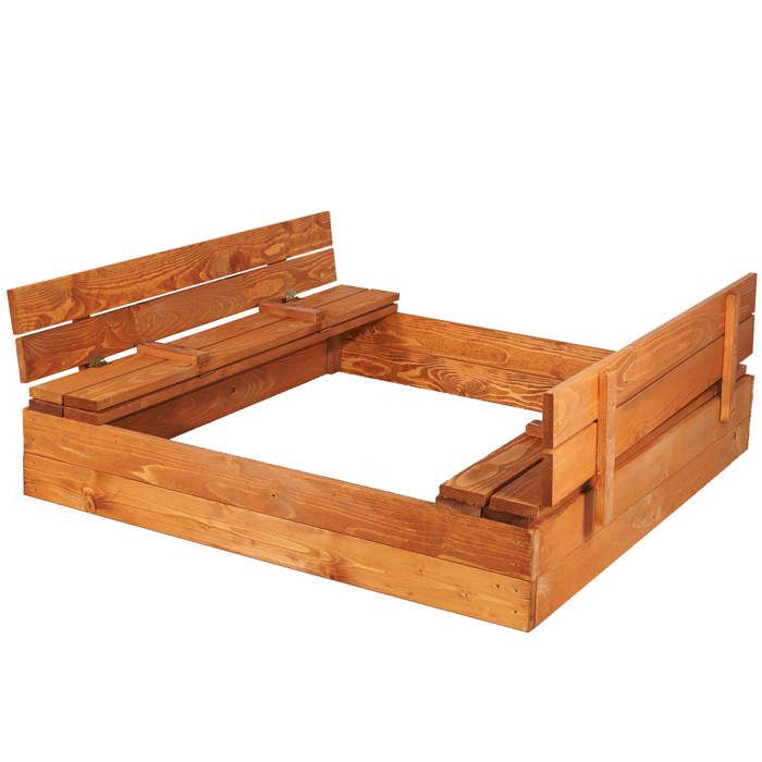 Bac à sable en bois - SPRINGOS - 120x120 cm - Bancs pliables (couvercle) - Géotextile et bâche