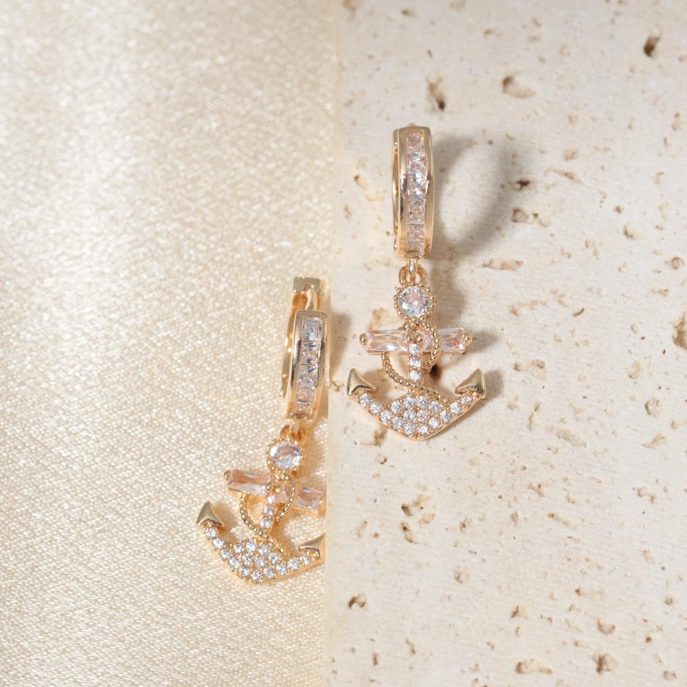 1 Pair Fashion Anchor Zirconia Dangle Earrings for Women Golden Earring Jewelry Party Accessories