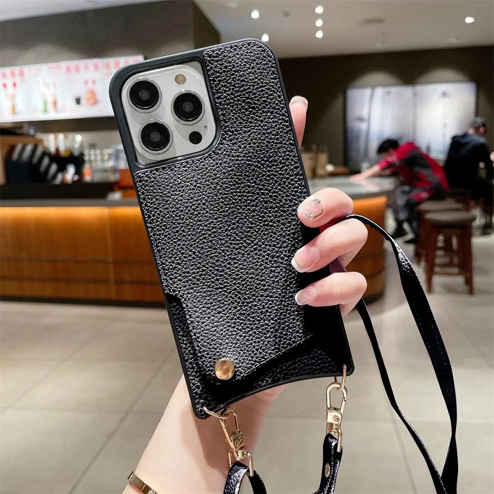 Husă de telefon tip portofel crossbody pentru iPhone 16E 16 15 14 Plus 13 12 11 Pro Max, husă din piele cu suport pentru carduri și curea din frânghie
