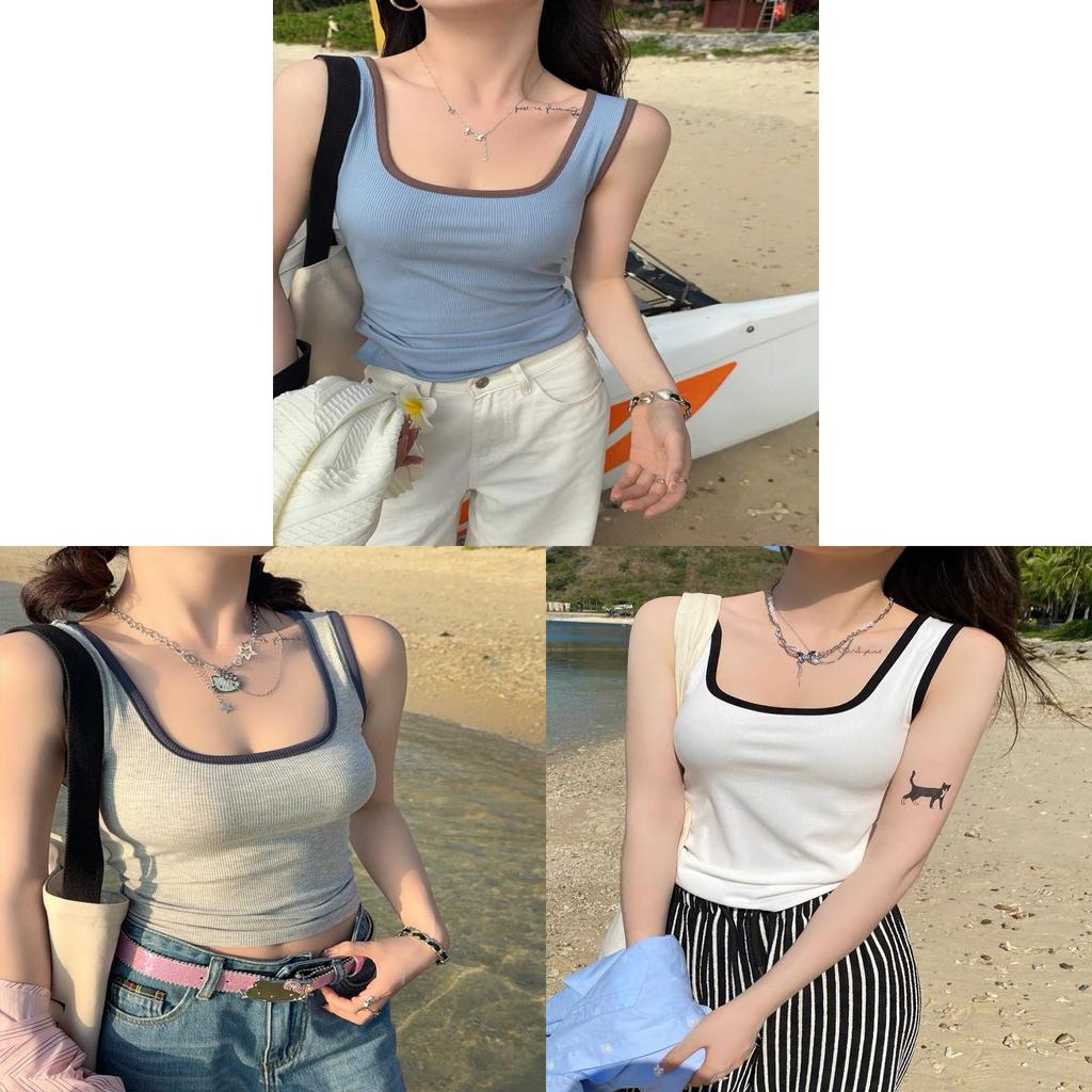 Womens Summer Spliced Cotton Ribbed Tank Top With Builtin Bra For Casual Wear