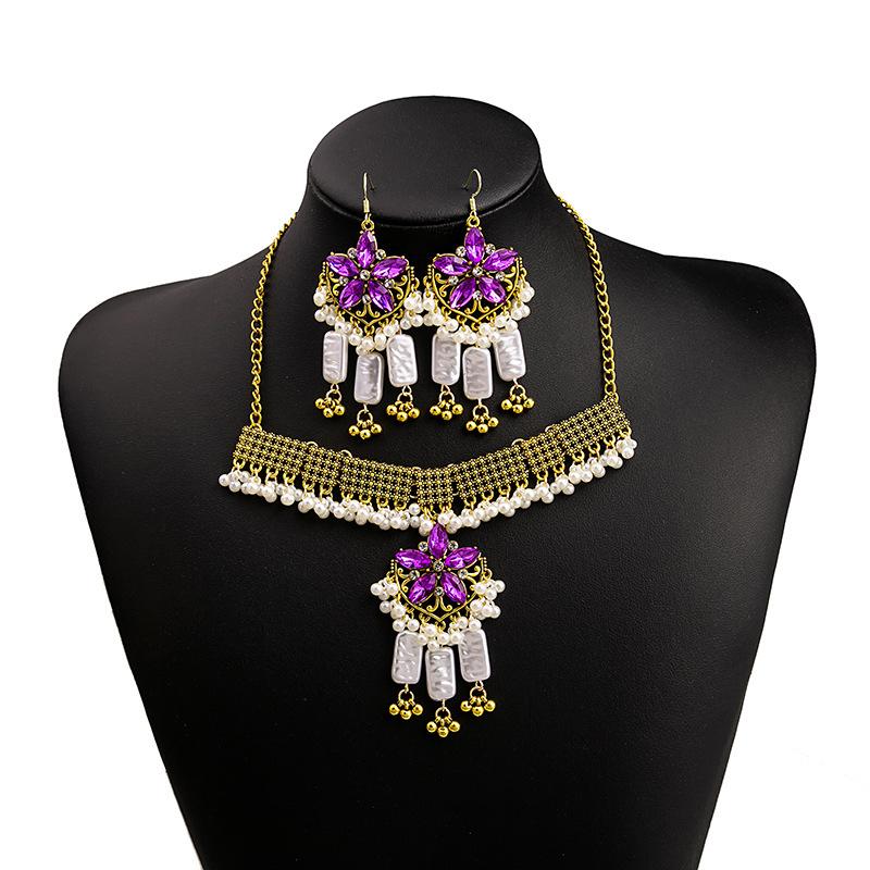 Vintage Exaggerated Rhinestone Necklace, Dinner Dress Geometric Square Jewelry Set With Diamond Water Drop Earrings For Women