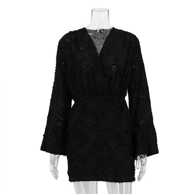 

Fashion Style Pure Color Jacquard Long Sleeves V-neck Hip Short Skirt Loose Dress Jacquard V-neck Dress Black M