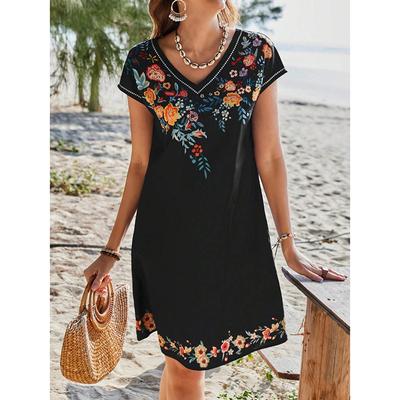 Summer New Short Sleeve A Line Vacation Casual Dresses Women Fashion Loose Waist Elegant Print Short Dress Women Vintage Slim Beach Ladies Dress 25881