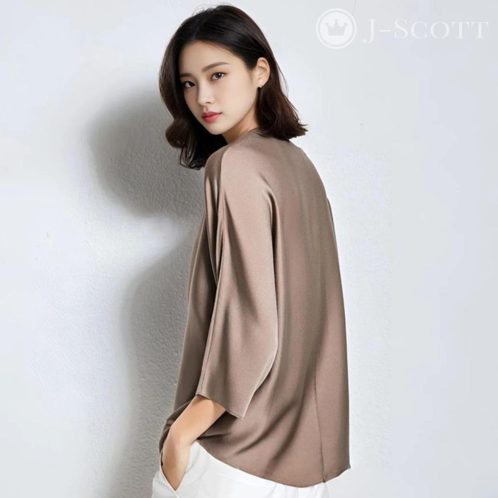 J-Scott Women's Silky-Touch Satin-Like Pullover Blouse, 3/4 Sleeves, Round Neck, Brown, JS12-BR-XL