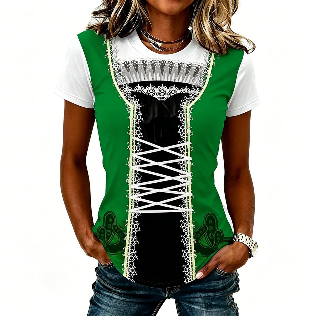 Women’s Casual Round Neck Short Sleeve Pullover T-Shirt with Festival Graphic Print Relaxed Fit Comfortable Style Top