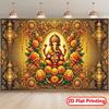 2D Flat Hindu God Ganesha Tapestry with Golden Ornaments and Flowers for Spiritual Meditation Space