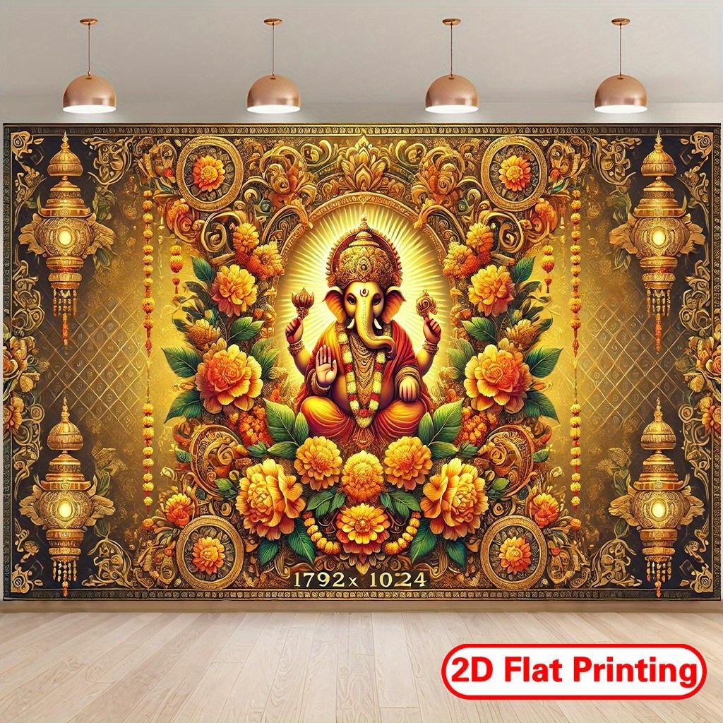 

2D Flat Hindu God Ganesha Tapestry with Golden Ornaments and Flowers for Spiritual Meditation Space 74x94cm(29x37in)