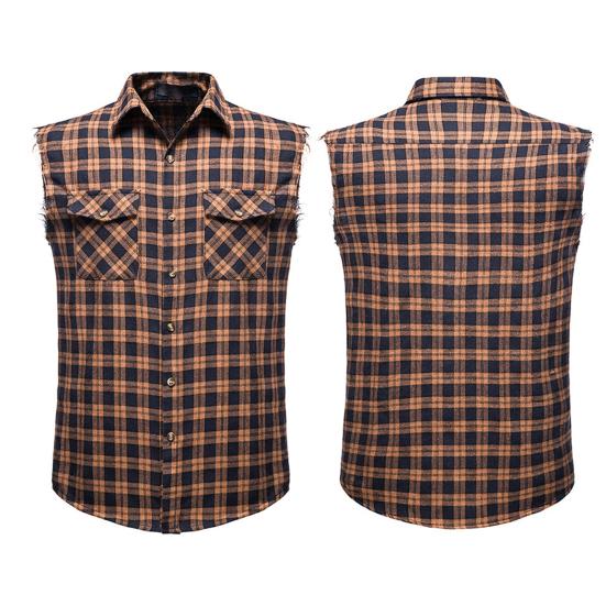 Lapel Sleeveless Flap Pockets Single-breasted Shirt Vest 3D Cutting Men Plaid Print Waistcoat Top Streetwear